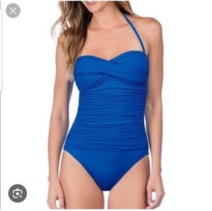 La Blanca One Piece Twist Front Ruched Royal Blue Halter Neck Swimsuit Size 12